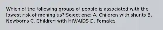 Which of the following groups of people is associated with the lowest risk of meningitis? Select one: A. Children with shunts B. Newborns C. Children with HIV/AIDS D. Females