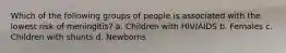 Which of the following groups of people is associated with the lowest risk of meningitis? a. Children with HIV/AIDS b. Females c. Children with shunts d. Newborns