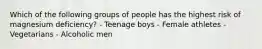 Which of the following groups of people has the highest risk of magnesium deficiency? - Teenage boys - Female athletes - Vegetarians - Alcoholic men
