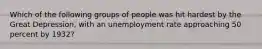 Which of the following groups of people was hit hardest by the Great Depression, with an unemployment rate approaching 50 percent by 1932?