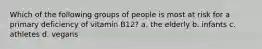 Which of the following groups of people is most at risk for a primary deficiency of vitamin B12? a. the elderly b. infants c. athletes d. vegans