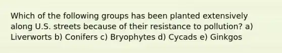 Which of the following groups has been planted extensively along U.S. streets because of their resistance to pollution? a) Liverworts b) Conifers c) Bryophytes d) Cycads e) Ginkgos