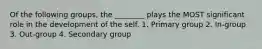 Of the following groups, the ________ plays the MOST significant role in the development of the self. 1. Primary group 2. In-group 3. Out-group 4. Secondary group