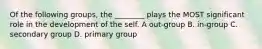 Of the following groups, the ________ plays the MOST significant role in the development of the self. A out-group B. in-group C. secondary group D. primary group