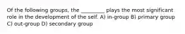 Of the following groups, the _________ plays the most significant role in the development of the self. A) in-group B) primary group C) out-group D) secondary group