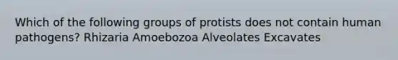 Which of the following groups of protists does not contain human pathogens? Rhizaria Amoebozoa Alveolates Excavates