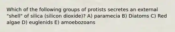 Which of the following groups of protists secretes an external "shell" of silica (silicon dioxide)? A) paramecia B) Diatoms C) Red algae D) euglenids E) amoebozoans