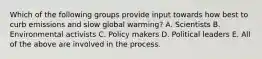 Which of the following groups provide input towards how best to curb emissions and slow global warming? A. Scientists B. Environmental activists C. Policy makers D. Political leaders E. All of the above are involved in the process.