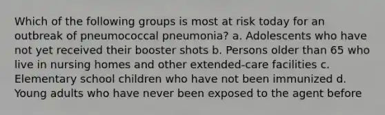 Which of the following groups is most at risk today for an outbreak of pneumococcal pneumonia? a. Adolescents who have not yet received their booster shots b. Persons older than 65 who live in nursing homes and other extended-care facilities c. Elementary school children who have not been immunized d. Young adults who have never been exposed to the agent before