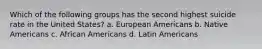 Which of the following groups has the second highest suicide rate in the United States? a. European Americans b. Native Americans c. African Americans d. Latin Americans