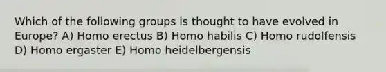 Which of the following groups is thought to have evolved in Europe? A) Homo erectus B) Homo habilis C) Homo rudolfensis D) Homo ergaster E) Homo heidelbergensis