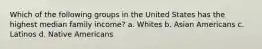 Which of the following groups in the United States has the highest median family income? a. Whites b. Asian Americans c. Latinos d. Native Americans