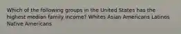 Which of the following groups in the United States has the highest median family income? Whites Asian Americans Latinos Native Americans