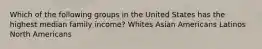 Which of the following groups in the United States has the highest median family income? Whites Asian Americans Latinos North Americans