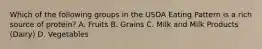 Which of the following groups in the USDA Eating Pattern is a rich source of protein? A. Fruits B. Grains C. Milk and Milk Products (Dairy) D. Vegetables