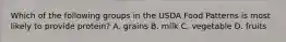 Which of the following groups in the USDA Food Patterns is most likely to provide protein? A. grains B. milk C. vegetable D. fruits