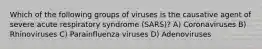 Which of the following groups of viruses is the causative agent of severe acute respiratory syndrome (SARS)? A) Coronaviruses B) Rhinoviruses C) Parainfluenza viruses D) Adenoviruses