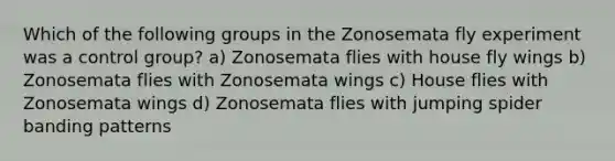 Which of the following groups in the Zonosemata fly experiment was a control group? a) Zonosemata flies with house fly wings b) Zonosemata flies with Zonosemata wings c) House flies with Zonosemata wings d) Zonosemata flies with jumping spider banding patterns