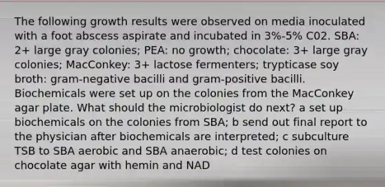 The following growth results were observed on media inoculated with a foot abscess aspirate and incubated in 3%-5% C02. SBA: 2+ large gray colonies; PEA: no growth; chocolate: 3+ large gray colonies; MacConkey: 3+ lactose fermenters; trypticase soy broth: gram-negative bacilli and gram-positive bacilli. Biochemicals were set up on the colonies from the MacConkey agar plate. What should the microbiologist do next? a set up biochemicals on the colonies from SBA; b send out final report to the physician after biochemicals are interpreted; c subculture TSB to SBA aerobic and SBA anaerobic; d test colonies on chocolate agar with hemin and NAD