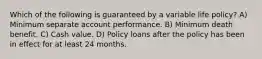 Which of the following is guaranteed by a variable life policy? A) Minimum separate account performance. B) Minimum death benefit. C) Cash value. D) Policy loans after the policy has been in effect for at least 24 months.