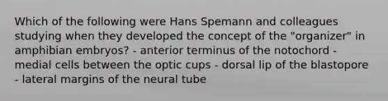 Which of the following were Hans Spemann and colleagues studying when they developed the concept of the "organizer" in amphibian embryos? - anterior terminus of the notochord - medial cells between the optic cups - dorsal lip of the blastopore - lateral margins of the neural tube