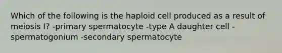 Which of the following is the haploid cell produced as a result of meiosis I? -primary spermatocyte -type A daughter cell -spermatogonium -secondary spermatocyte