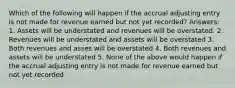 Which of the following will happen if the accrual adjusting entry is not made for revenue earned but not yet recorded? Answers: 1. Assets will be understated and revenues will be overstated. 2. Revenues will be understated and assets will be overstated 3. Both revenues and asses will be overstated 4. Both revenues and assets will be understated 5. None of the above would happen if the accrual adjusting entry is not made for revenue earned but not yet recorded