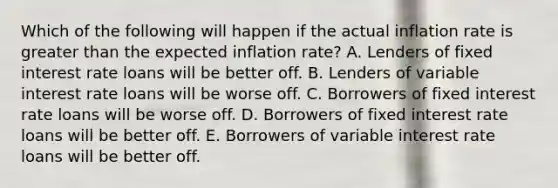 Which of the following will happen if the actual inflation rate is greater than the expected inflation rate? A. Lenders of fixed interest rate loans will be better off. B. Lenders of variable interest rate loans will be worse off. C. Borrowers of fixed interest rate loans will be worse off. D. Borrowers of fixed interest rate loans will be better off. E. Borrowers of variable interest rate loans will be better off.