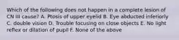 Which of the following does not happen in a complete lesion of CN III cause? A. Ptosis of upper eyelid B. Eye abducted inferiorly C. double vision D. Trouble focusing on close objects E. No light reflex or dilation of pupil F. None of the above