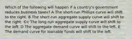 Which of the following will happen if a country's government reduces business taxes? A The short-run Phillips curve will shift to the right. B The short-run aggregate supply curve will shift to the right. ©c The long-run aggregate supply curve will shift to the left. D The aggregate demand curve will shift to the left. E The demand curve for loanable funds will shift to the left.