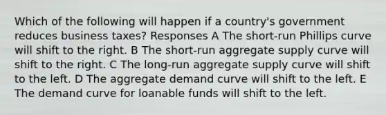 Which of the following will happen if a country's government reduces business taxes? Responses A The short-run Phillips curve will shift to the right. B The short-run aggregate supply curve will shift to the right. C The long-run aggregate supply curve will shift to the left. D The aggregate demand curve will shift to the left. E The demand curve for loanable funds will shift to the left.