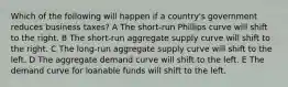 Which of the following will happen if a country's government reduces business taxes? A The short-run Phillips curve will shift to the right. B The short-run aggregate supply curve will shift to the right. C The long-run aggregate supply curve will shift to the left. D The aggregate demand curve will shift to the left. E The demand curve for loanable funds will shift to the left.