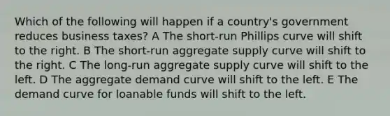 Which of the following will happen if a country's government reduces business taxes? A The short-run Phillips curve will shift to the right. B The short-run aggregate supply curve will shift to the right. C The long-run aggregate supply curve will shift to the left. D The aggregate demand curve will shift to the left. E The demand curve for loanable funds will shift to the left.