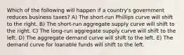 Which of the following will happen if a country's government reduces business taxes? A) The short-run Phillips curve will shift to the right. B) The short-run aggregate supply curve will shift to the right. C) The long-run aggregate supply curve will shift to the left. D) The aggregate demand curve will shift to the left. E) The demand curve for loanable funds will shift to the left.