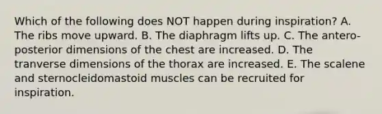 Which of the following does NOT happen during inspiration? A. The ribs move upward. B. The diaphragm lifts up. C. The antero-posterior dimensions of the chest are increased. D. The tranverse dimensions of the thorax are increased. E. The scalene and sternocleidomastoid muscles can be recruited for inspiration.