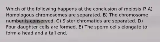 Which of the following happens at the conclusion of meiosis I? A) Homologous chromosomes are separated. B) The chromosome number is conserved. C) Sister chromatids are separated. D) Four daughter cells are formed. E) The sperm cells elongate to form a head and a tail end.