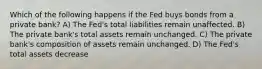 Which of the following happens if the Fed buys bonds from a private bank? A) The Fed's total liabilities remain unaffected. B) The private bank's total assets remain unchanged. C) The private bank's composition of assets remain unchanged. D) The Fed's total assets decrease