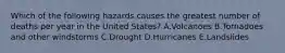 Which of the following hazards causes the greatest number of deaths per year in the United States? A.Volcanoes B.Tornadoes and other windstorms C.Drought D.Hurricanes E.Landslides