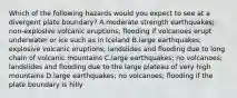 Which of the following hazards would you expect to see at a divergent plate boundary? A.moderate strength earthquakes; non-explosive volcanic eruptions; flooding if volcanoes erupt underwater or ice such as in Iceland B.large earthquakes; explosive volcanic eruptions; landslides and flooding due to long chain of volcanic mountains C.large earthquakes; no volcanoes; landslides and flooding due to the large plateau of very high mountains D.large earthquakes; no volcanoes; flooding if the plate boundary is hilly