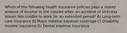 Which of the following health insurance policies pays a stated amount of income to the insured when an accident or sickness leaves him unable to work for an extended period? A) Long-term care insurance B) Major medical expense coverage C) Disability income insurance D) Dental expense insurance