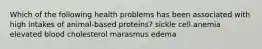 Which of the following health problems has been associated with high intakes of animal-based proteins? sickle cell anemia elevated blood cholesterol marasmus edema