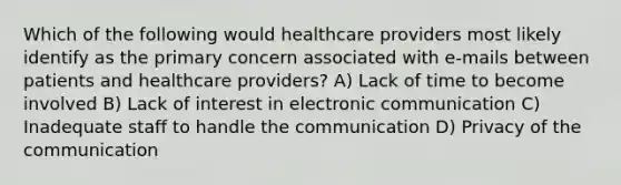 Which of the following would healthcare providers most likely identify as the primary concern associated with e-mails between patients and healthcare providers? A) Lack of time to become involved B) Lack of interest in electronic communication C) Inadequate staff to handle the communication D) Privacy of the communication