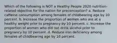 Which of the following is NOT a Healthy People 2020 nutrition-related objective for the nation for preconception? a. Reduce caffeine consumption among females of childbearing age by 10 percent. b. Increase the proportion of women who are at a healthy weight prior to pregnancy by 10 percent. c. Increase the proportion of women who did not drink alcohol prior to pregnancy by 10 percent. d. Reduce iron deficiency among females of childbearing age by 10 percent.