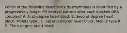 Which of the following heart block dysrhythmias is identified by a progressively longer PR interval pattern after each blocked QRS complex? A. First-degree heart block B. Second-degree heart block, Mobitz type I C. Second-degree heart block, Mobitz type II D. Third-degree heart block