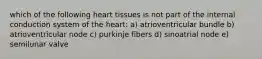 which of the following heart tissues is not part of the internal conduction system of the heart: a) atrioventricular bundle b) atrioventricular node c) purkinje fibers d) sinoatrial node e) semilunar valve