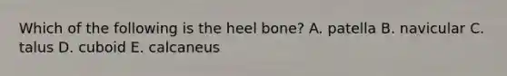 Which of the following is the heel bone? A. patella B. navicular C. talus D. cuboid E. calcaneus