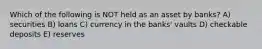 Which of the following is NOT held as an asset by banks? A) securities B) loans C) currency in the banks' vaults D) checkable deposits E) reserves