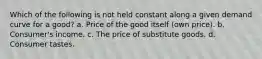 Which of the following is not held constant along a given demand curve for a good? a. Price of the good itself (own price). b. Consumer's income. c. The price of substitute goods. d. Consumer tastes.