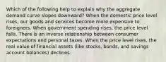 Which of the following help to explain why the aggregate demand curve slopes downward? When the domestic price level rises, our goods and services become more expensive to foreigners. When government spending rises, the price level falls. There is an inverse relationship between consumer expectations and personal taxes. When the price level rises, the real value of financial assets (like stocks, bonds, and savings account balances) declines.