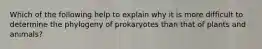 Which of the following help to explain why it is more difficult to determine the phylogeny of prokaryotes than that of plants and animals?